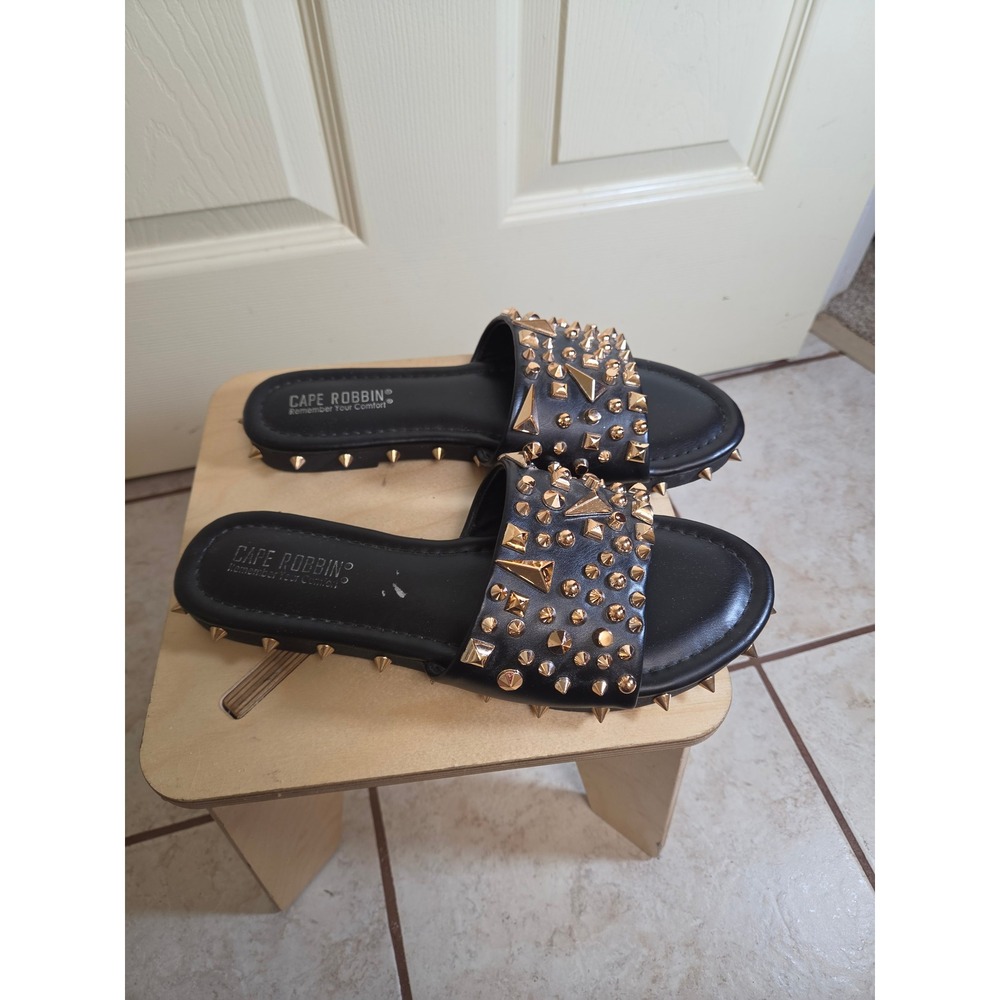 Cape Robbin Womens Black Gold Studded Spiked Slide Sandals Punk  Flat Size 7.5